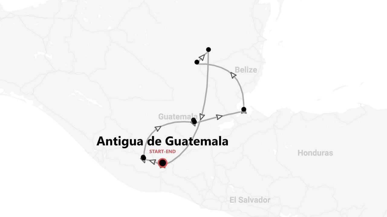 Mapa de itinerario de viaje por Guatemala y Belice, con inicio y fin en Antigua Guatemala.