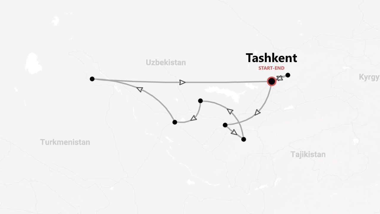 Mappa di un percorso di viaggio in Uzbekistan, con Tashkent come punto di partenza e arrivo. Sono indicati anche i paesi circostanti.