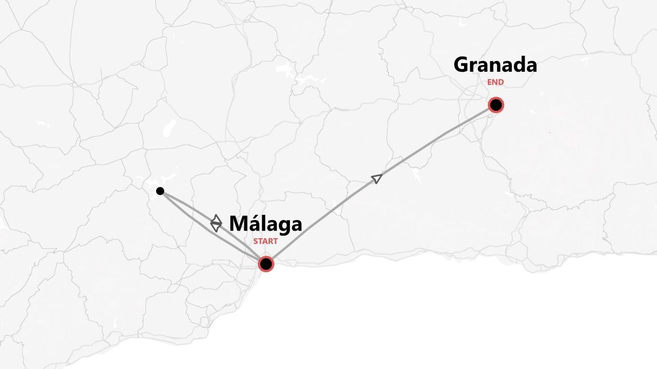 A stylized map showing a travel itinerary that starts in Málaga and ends in Granada.