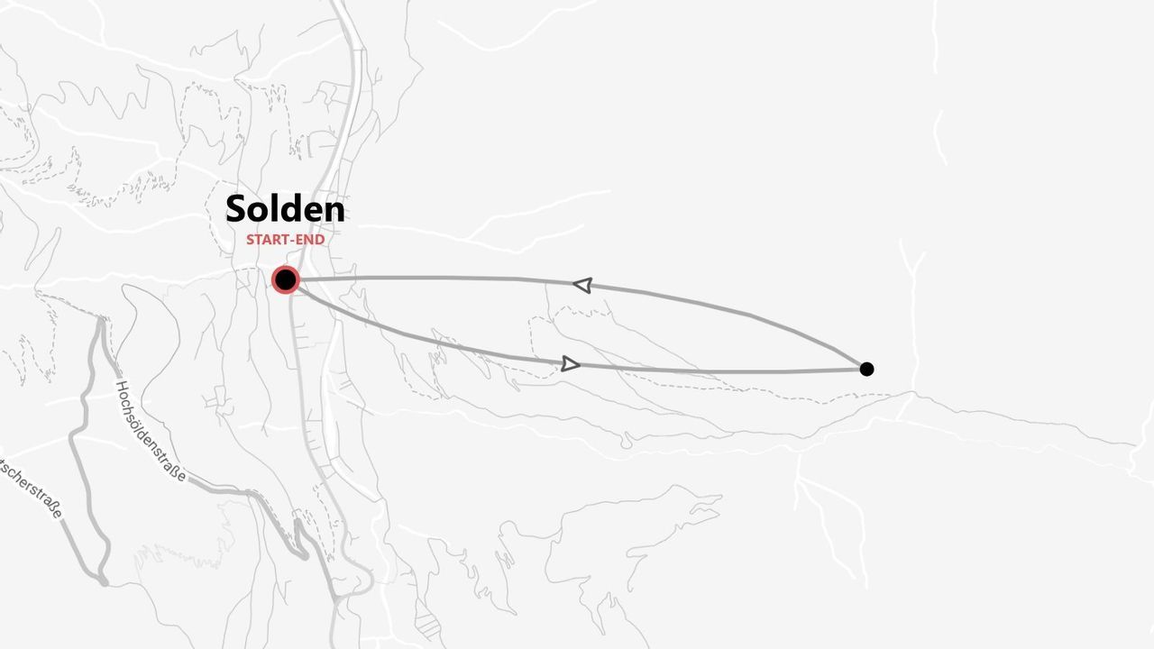 A grayscale map showing a looped route starting and ending in Solden. The path is marked with gray lines and arrows.