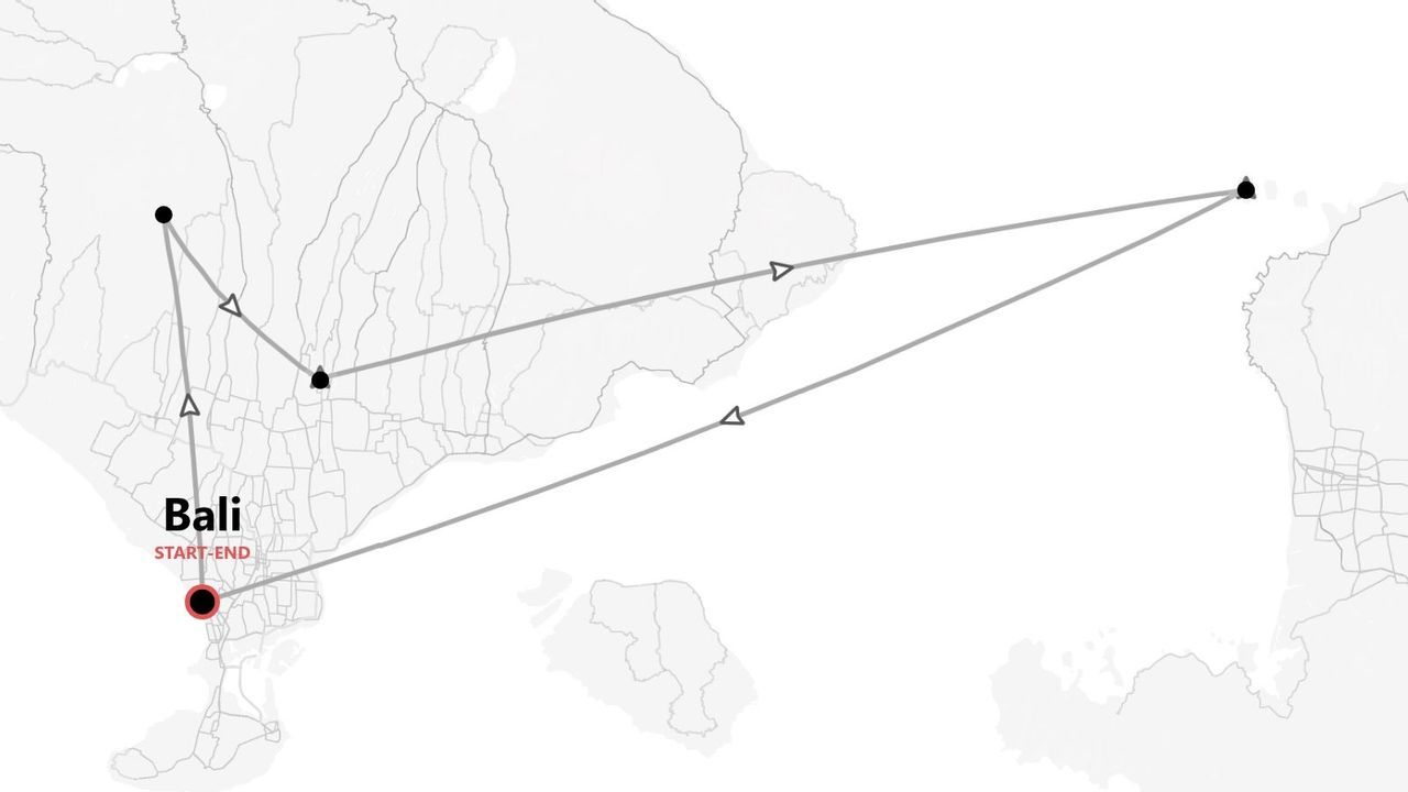 A black and white map of Bali showing a travel itinerary with a route marked by lines, arrows, and waypoints.