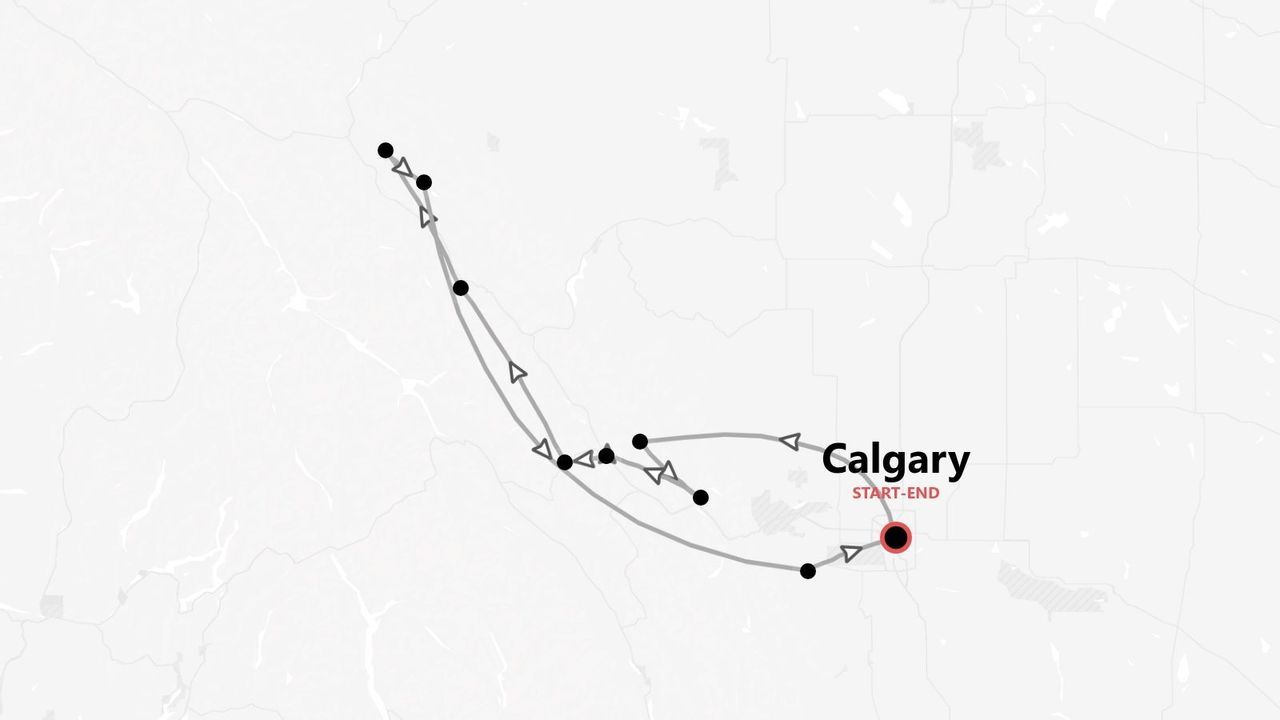 A map showing a looping travel itinerary with several stops, starting and ending in Calgary.