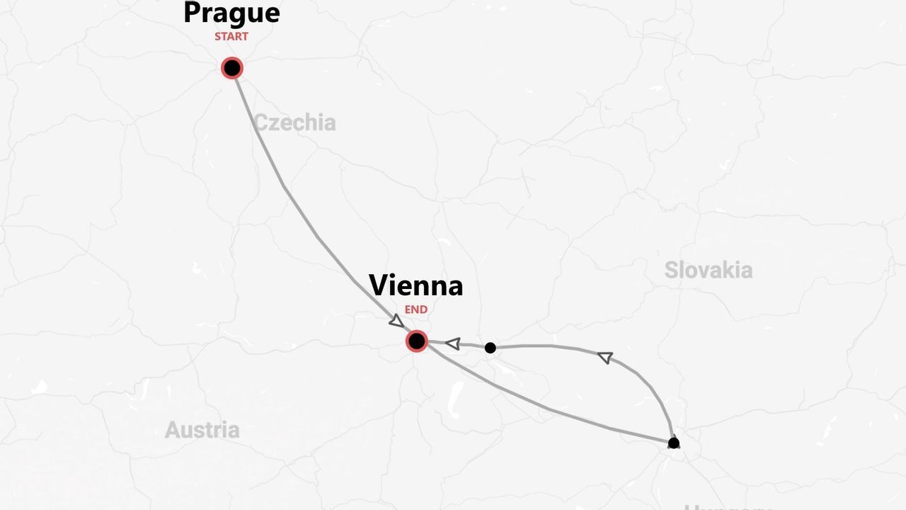 A map showing the route of a trip, starting in Prague, Czechia and ending in Vienna, Austria.