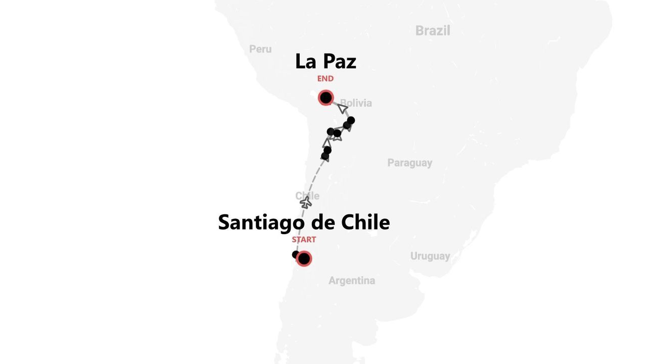 A map of a travel route in South America, starting in Santiago de Chile and ending in La Paz, Bolivia.