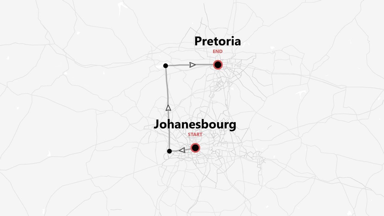 Une carte minimaliste d'un itinéraire de voyage de Johannesburg à Pretoria.
