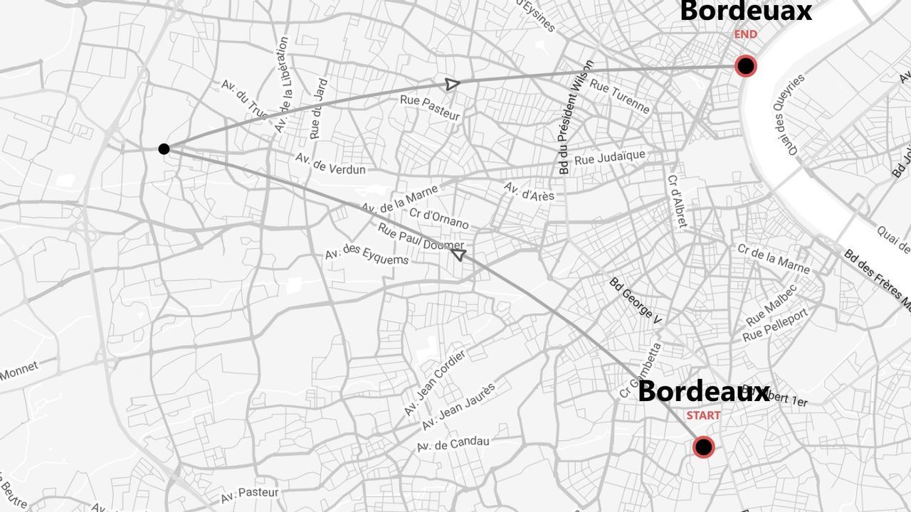 Una mappa stradale di Bordeaux, in Francia, che mostra un percorso tracciato da un punto di partenza designato a un punto di arrivo attraverso la città.