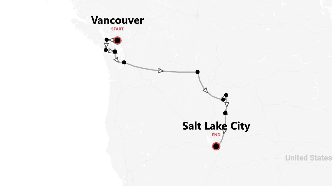 Mappa di un itinerario di viaggio da Vancouver a Salt Lake City.