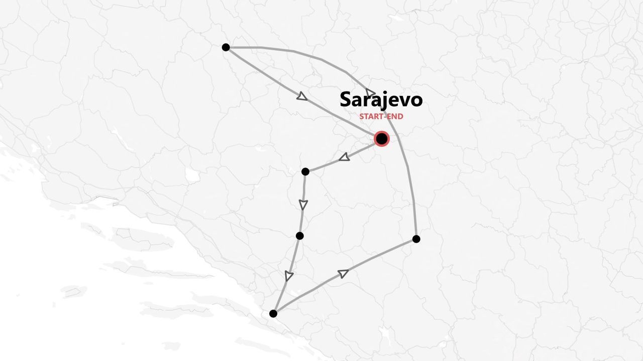 Une carte d'itinéraire de voyage circulaire avec plusieurs arrêts, débutant et se terminant à Sarajevo.