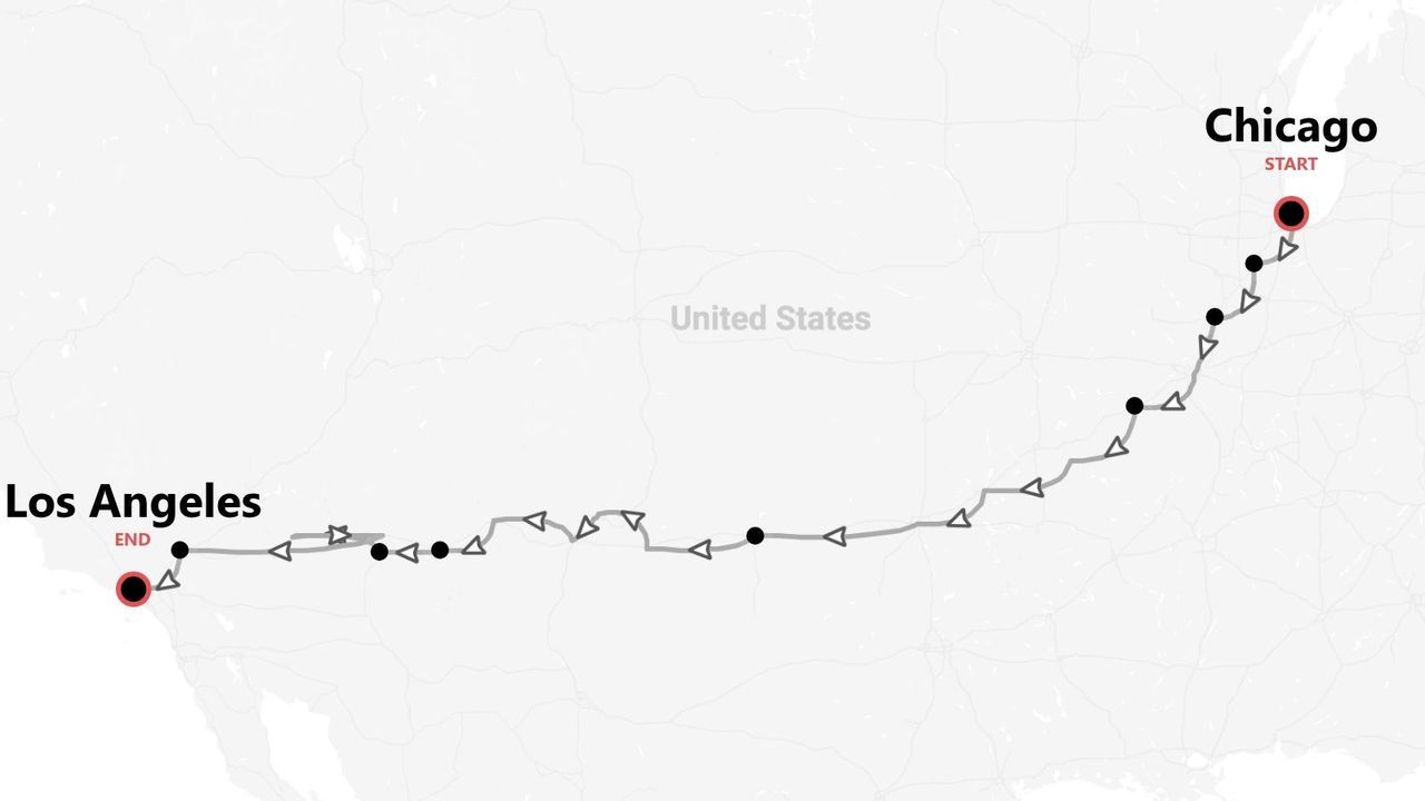 Carte d'un itinéraire de voyage à travers les États-Unis, de Chicago à Los Angeles.