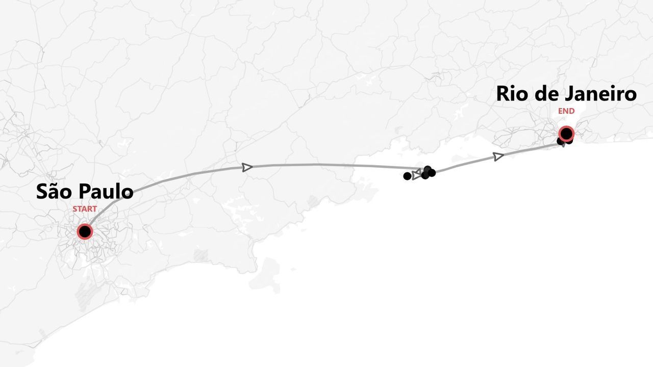 Une carte montrant l'itinéraire de voyage du point de départ à São Paulo au point d'arrivée à Rio de Janeiro.
