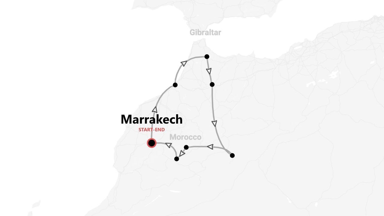 Mappa di un itinerario di viaggio in Marocco. Il percorso ad anello inizia e finisce a Marrakech.