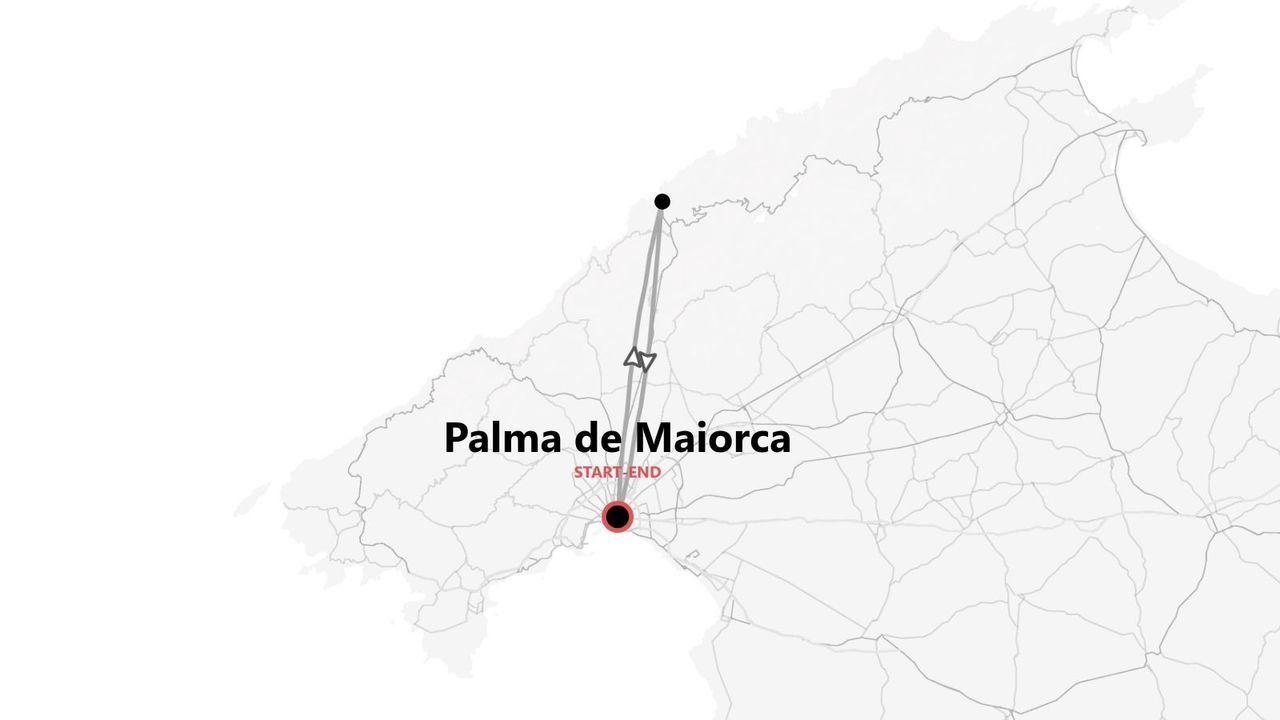 Una mappa minimalista che mostra un percorso di viaggio che inizia e finisce a Palma di Maiorca, con un anello che va a nord.