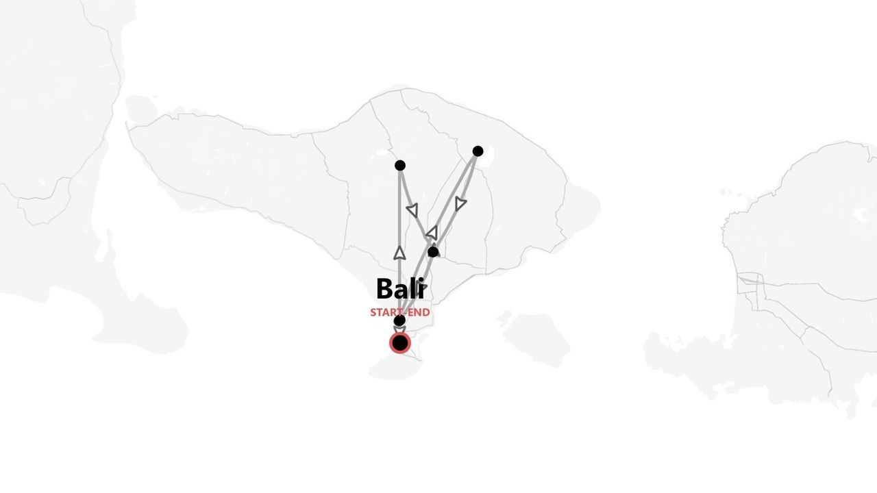 A stylized map of Bali showing a round-trip travel itinerary with multiple stops.
