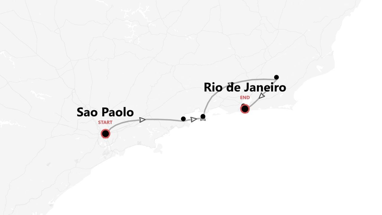 A map outlining a travel route in Brazil that starts in Sao Paolo and ends in Rio de Janeiro.