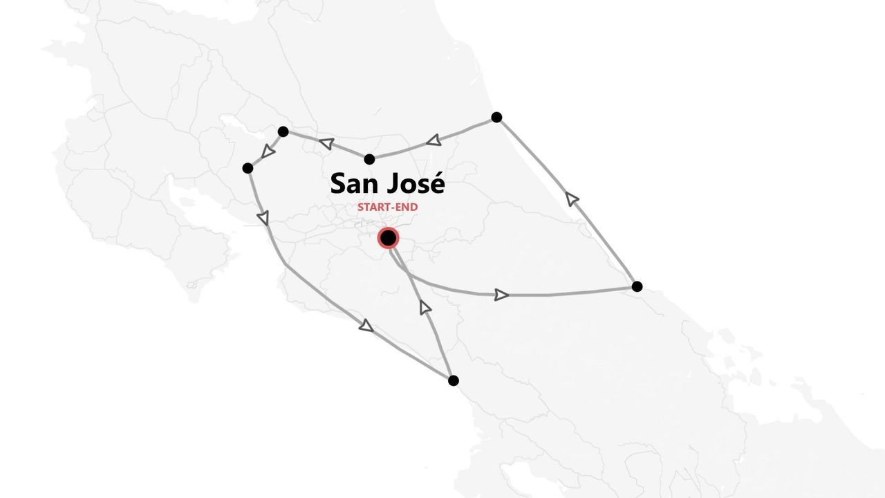 Eine Karte, die eine Reiseroute quer durch ein Land zeigt, die in der Stadt San José beginnt und endet.