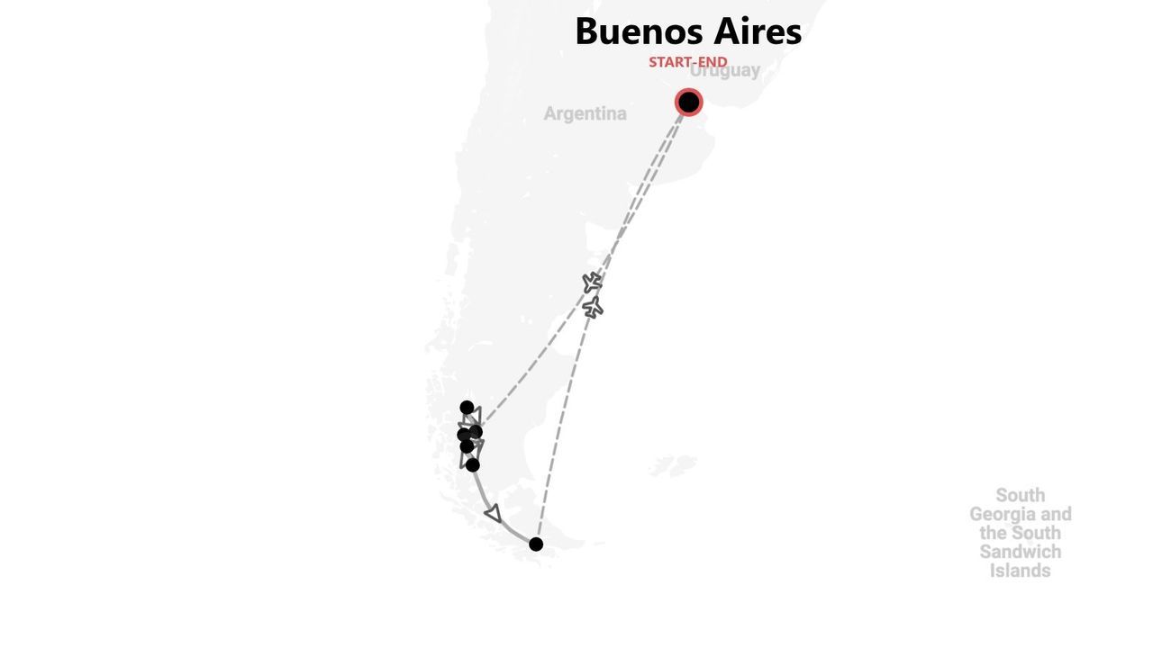 Eine Karte, die eine detaillierte Reiseroute mit Start und Ziel in Buenos Aires zeigt, inklusive aller Flüge und Seereisen entlang der argentinischen Küste.