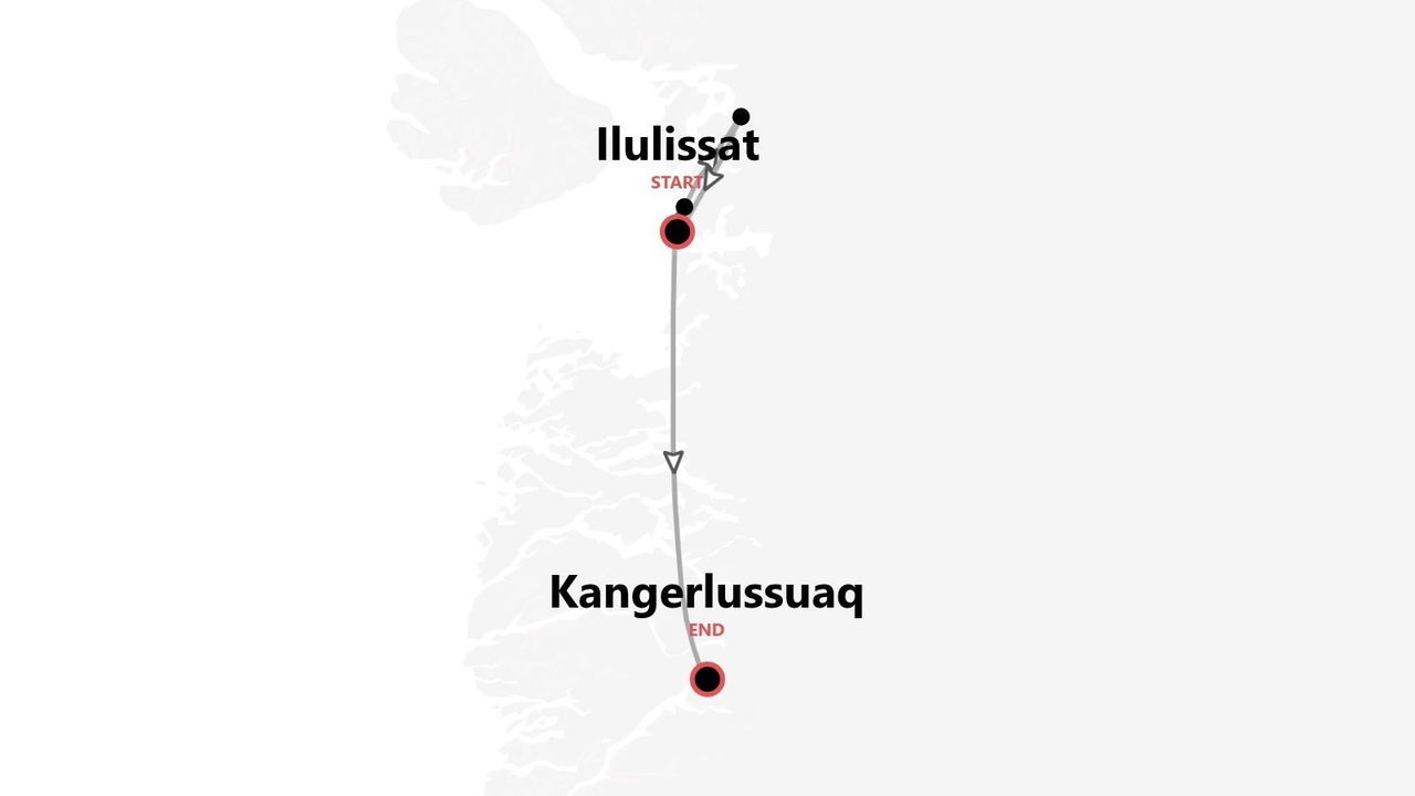 Mappa minimalista che mostra un itinerario di viaggio con partenza da Ilulissat e arrivo a Kangerlussuaq in Groenlandia.
