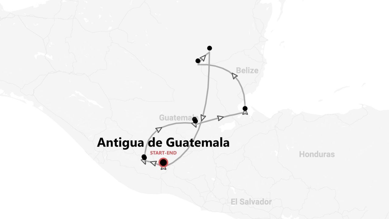 Mapa del itinerario de un tour por Guatemala y Belice, con inicio y fin en Antigua de Guatemala.