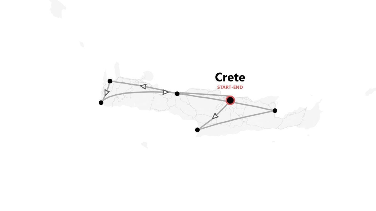 An illustrated map of Crete showing a travel itinerary, with the start and end points highlighted.