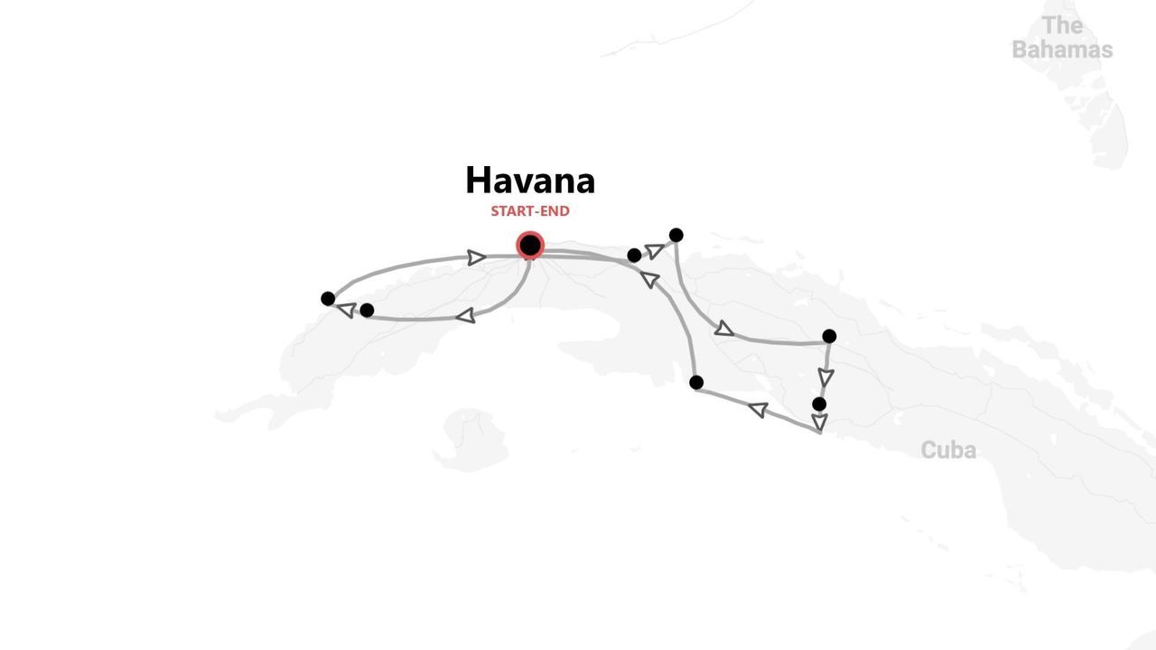 A map showing a travel itinerary across Cuba, starting and ending in Havana, with The Bahamas visible in the background.