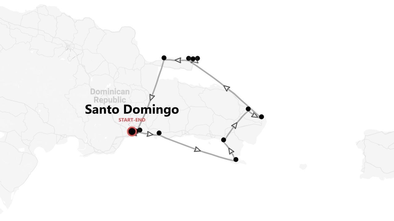 A map showing a travel itinerary for the Dominican Republic, with the start and end point in Santo Domingo.
