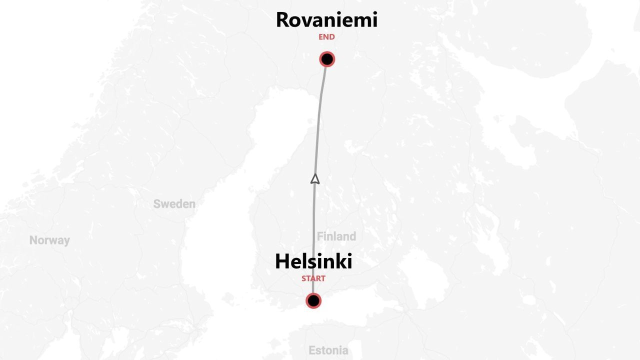 A map of Finland showing a travel route from the start point in Helsinki to the end point in Rovaniemi.
