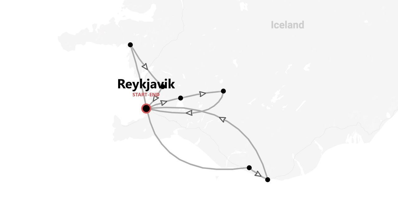 A stylized map of Iceland showing a tour itinerary that starts and ends in the city of Reykjavik.