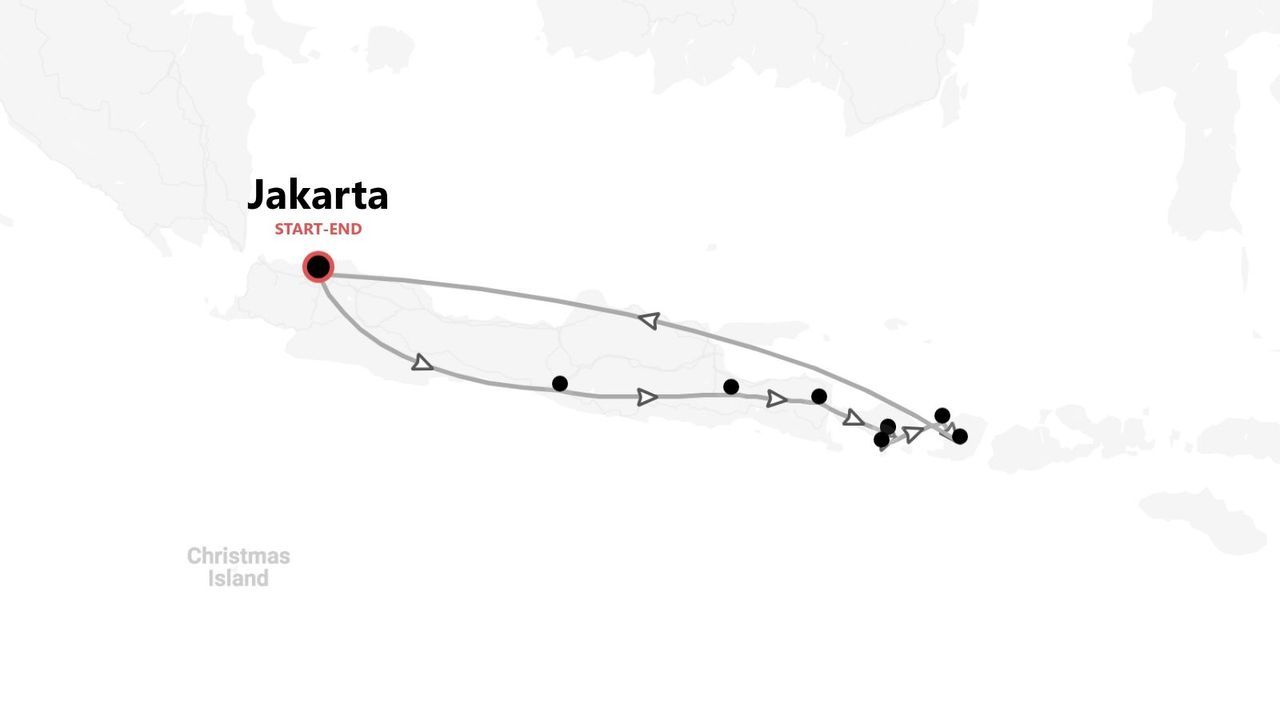 A map showing a travel itinerary across Indonesia, starting and ending in Jakarta, with multiple stops along the way.