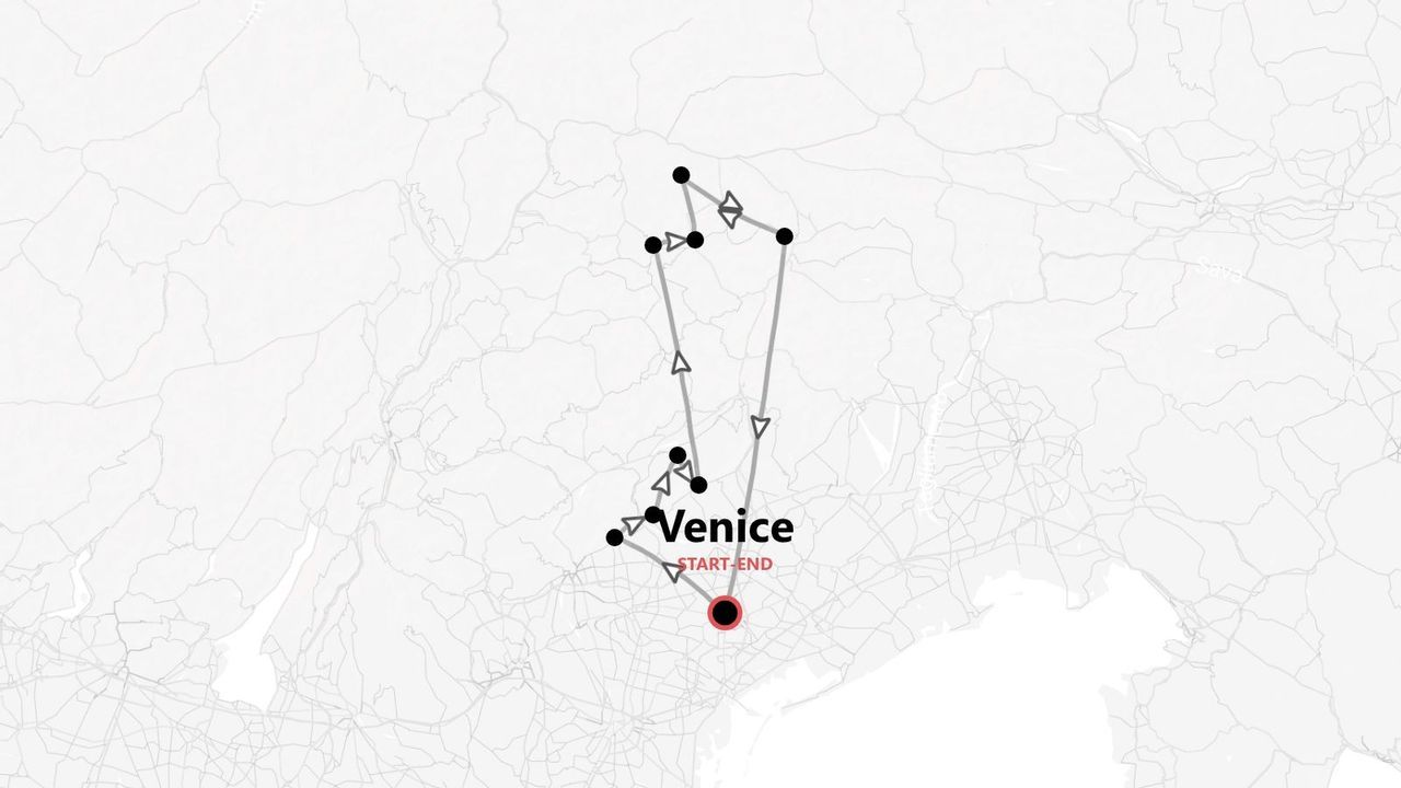 A minimalist map showing a travel itinerary that starts and ends in Venice, with a looped route indicated by dots and arrows.