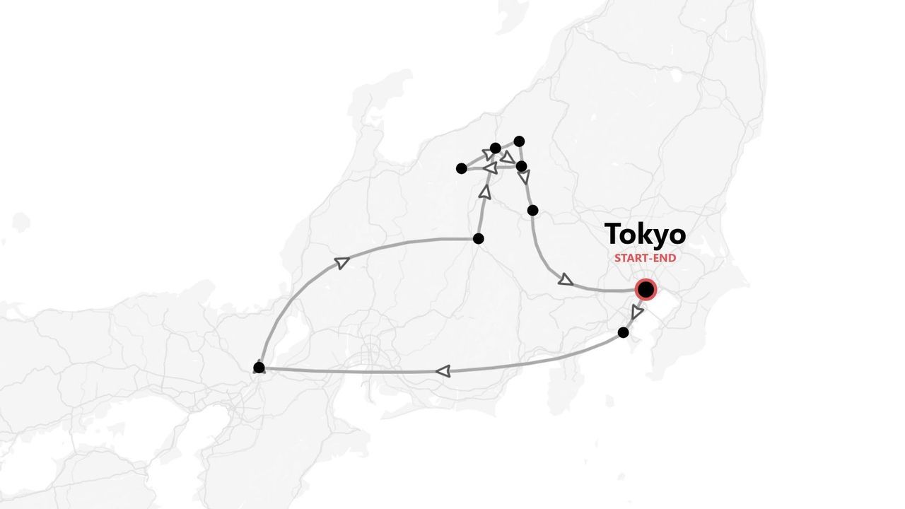 A map showing a travel itinerary across a region of Japan, with the route marked with a line and dots, starting and ending in Tokyo.