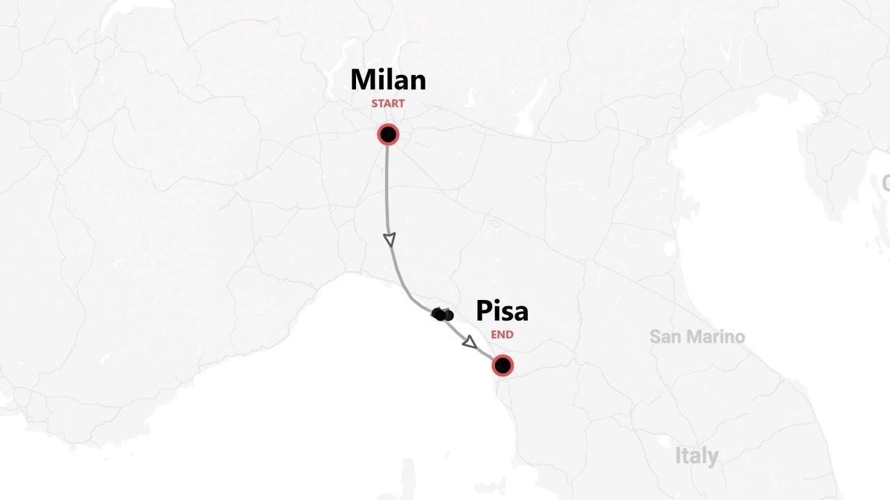 A map showing a travel route in Italy, starting in Milan and ending in Pisa, indicated by a line with directional arrows.