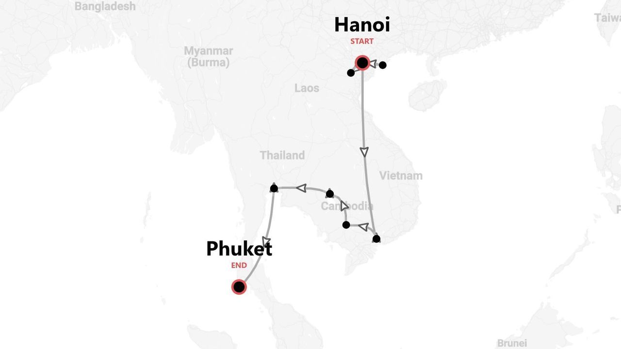 A map showing a travel route through Southeast Asia, starting in Hanoi, Vietnam and ending in Phuket, Thailand.