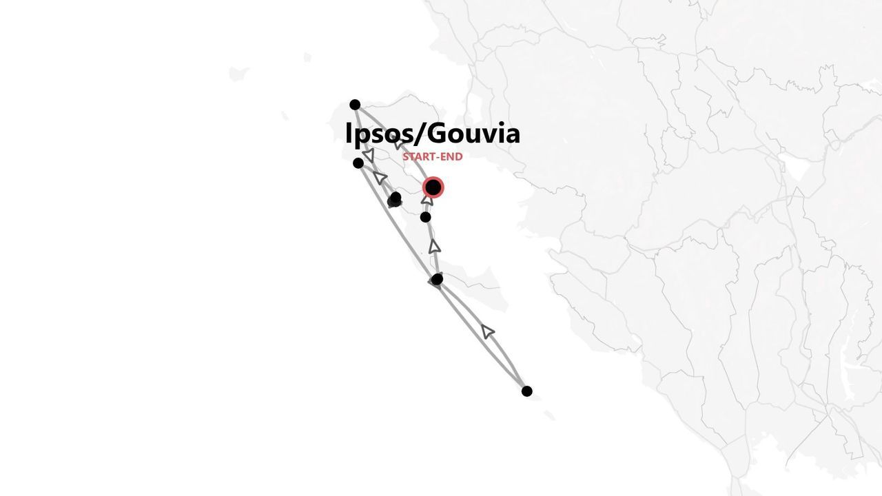 Un mapa minimalista que muestra una ruta de viaje que comienza y termina en Ipsos/Gouvia, marcada con un punto rojo.