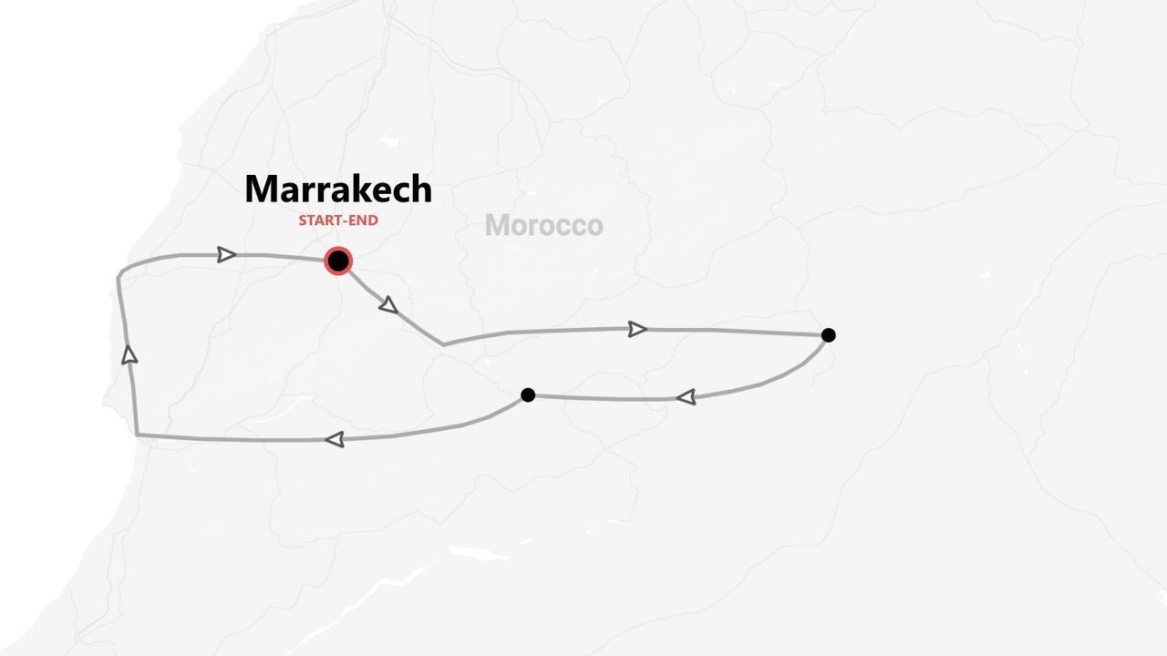 Un mapa que muestra un itinerario de viaje en Marruecos, con la ruta comenzando y terminando en Marrakech.