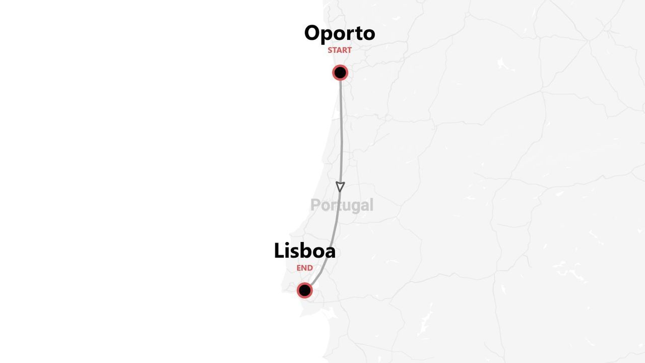 Mapa minimalista de Portugal con una ruta de viaje de Oporto a Lisboa