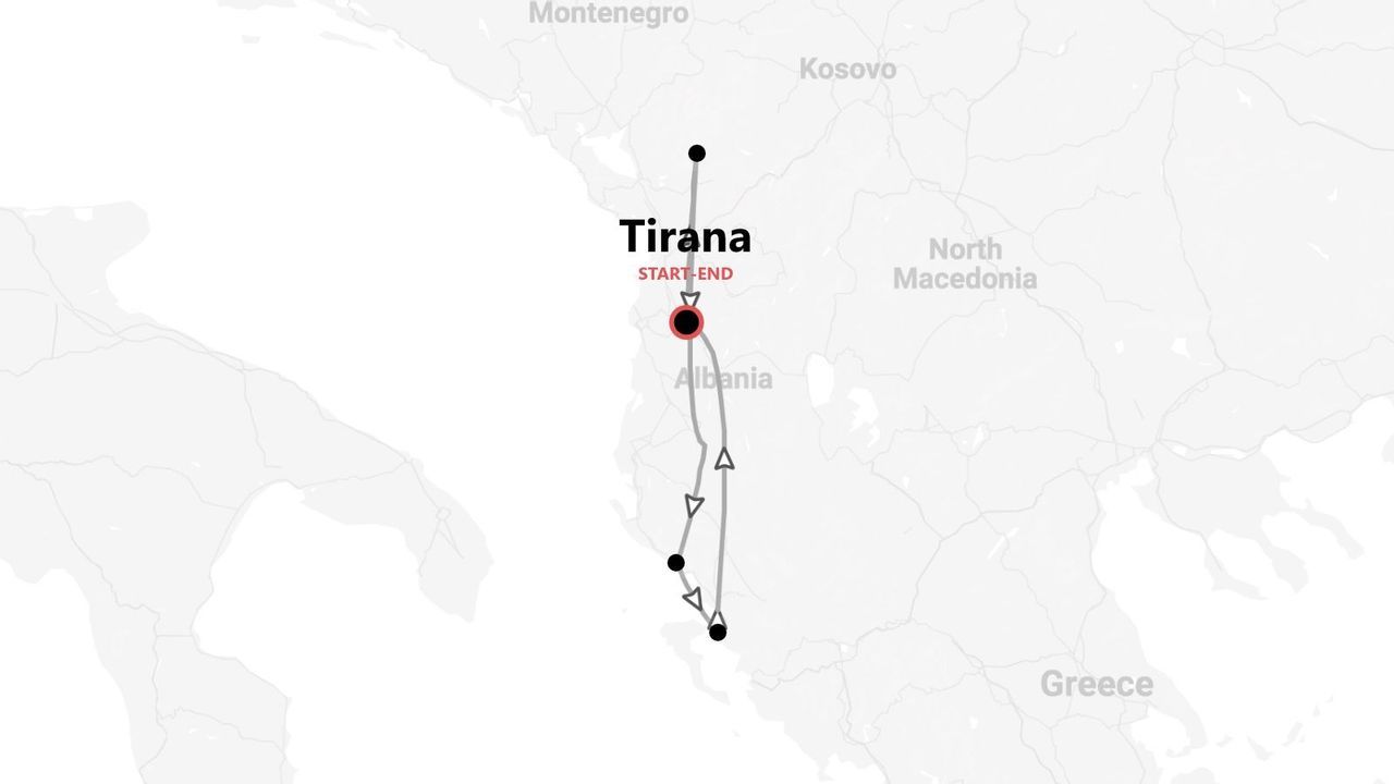 Mapa de itinerario de viaje por Albania, con inicio y fin en Tirana.