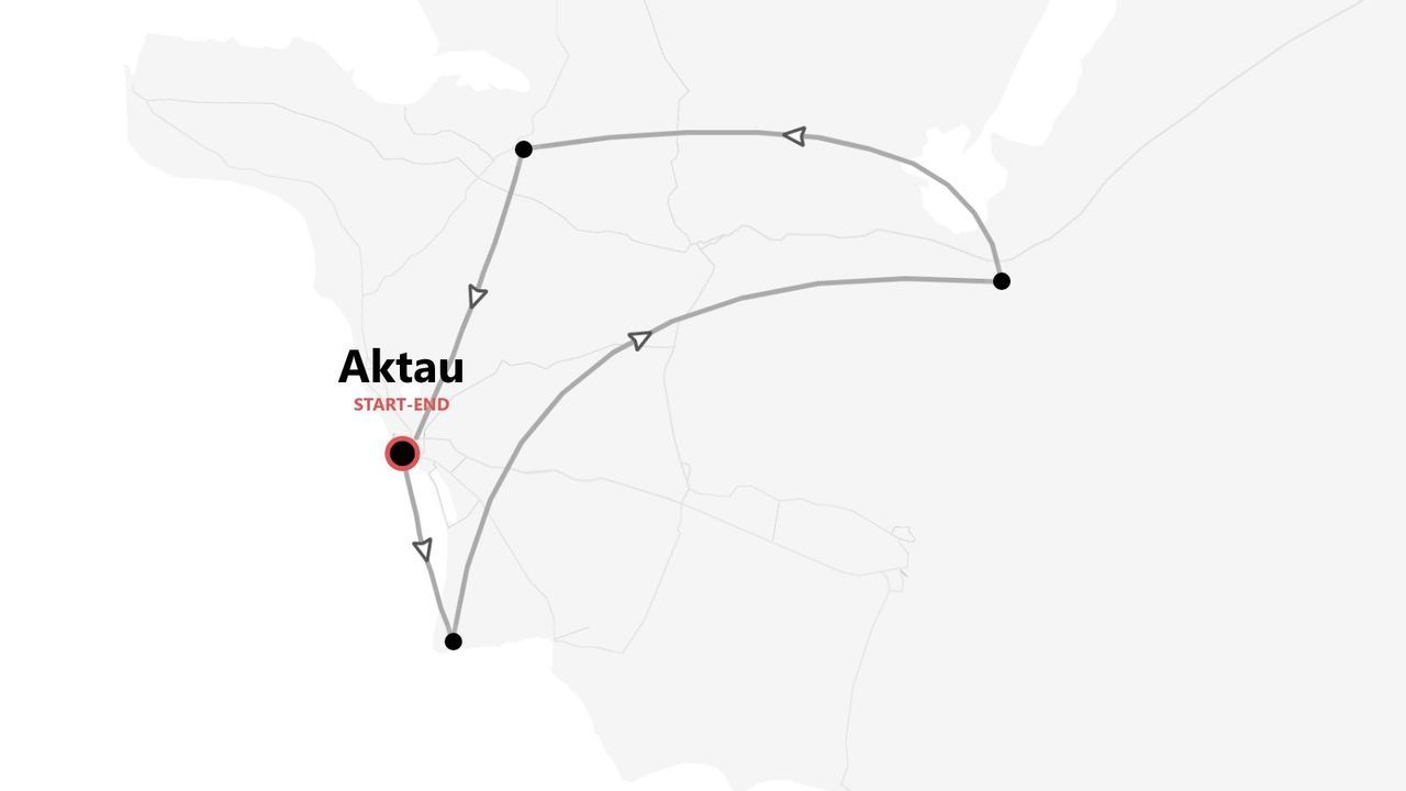 Mappa minimalista di un itinerario di viaggio con inizio e fine ad Aktau, il percorso è indicato da linee e frecce.
