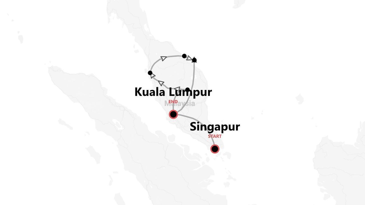 Un mapa que ilustra un itinerario de viaje. La ruta comienza en Singapur, recorre Malasia y termina en Kuala Lumpur.