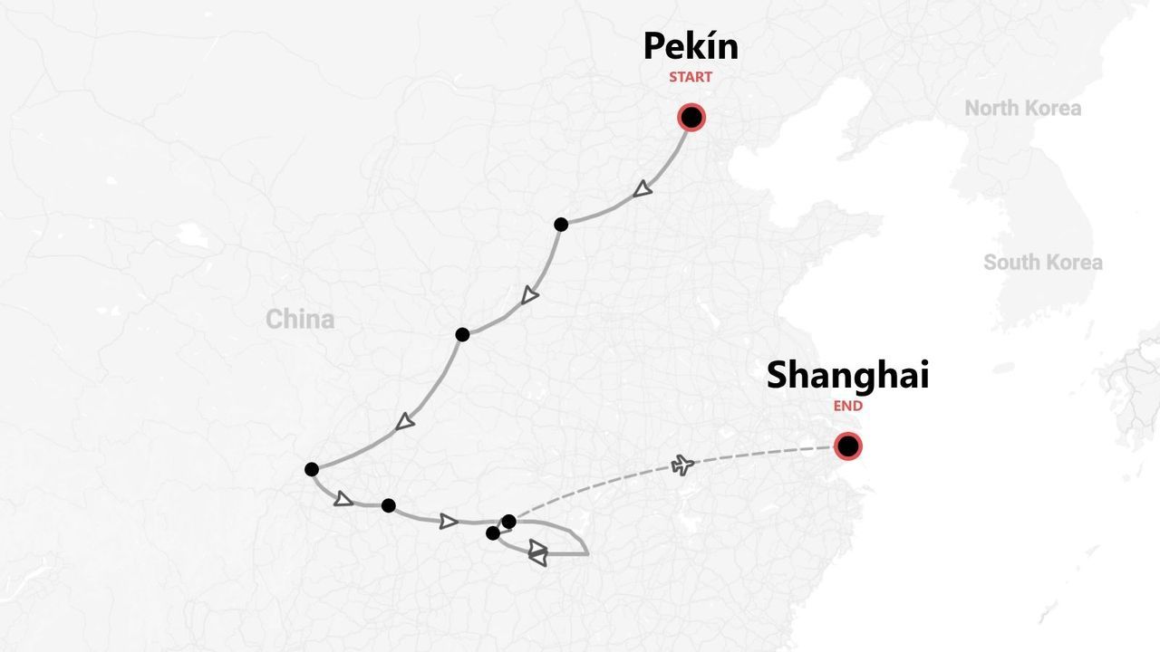 Un mapa que muestra un itinerario de viaje por China, comenzando en Pekín (Beijing) y terminando en Shanghái, con varias paradas en el camino.