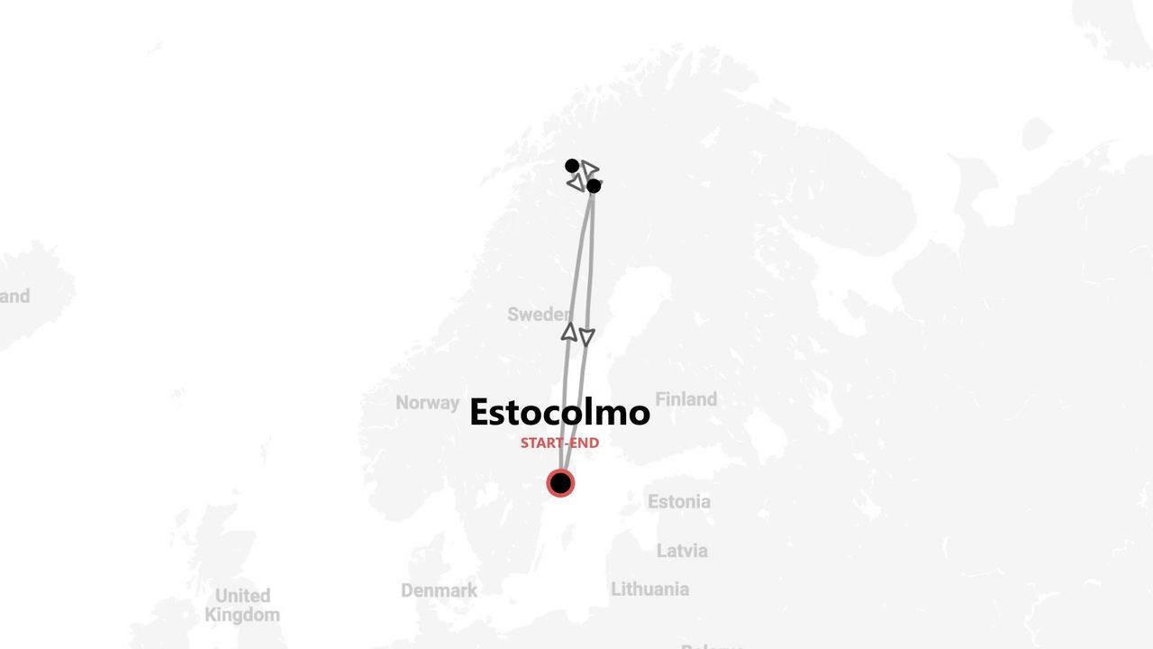 Un mapa de un itinerario de viaje por Escandinavia, mostrando una ruta que empieza y termina en Estocolmo y recorre el norte de Suecia.
