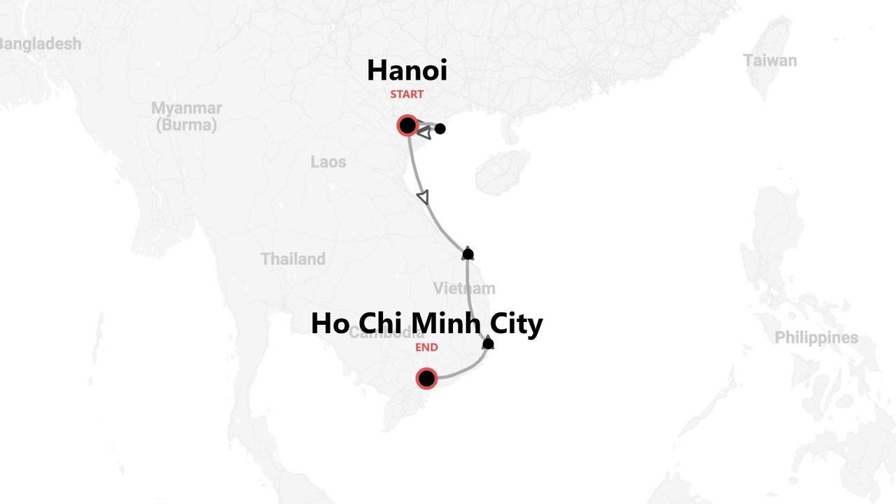 Mapa de Vietnam: itinerario de viaje de Hanói al norte a Ciudad Ho Chi Minh al sur.