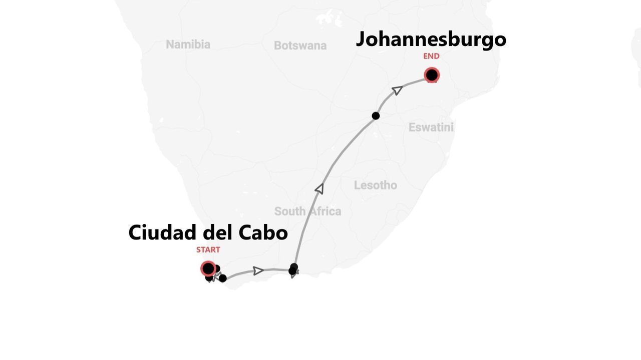 Ruta de viaje por Sudáfrica: de Ciudad del Cabo a Johannesburgo.