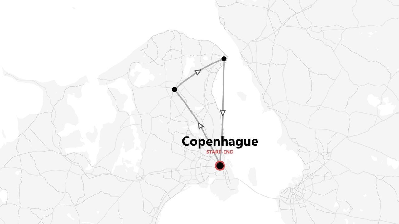 Un mapa minimalista de Copenhague con un itinerario de viaje triangular que incluye puntos de inicio y fin en la ciudad.