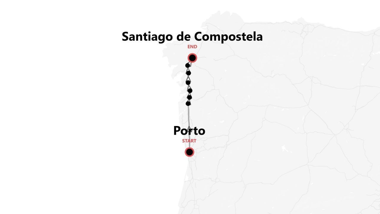 Karte der Reiseroute von Porto nach Santiago de Compostela.