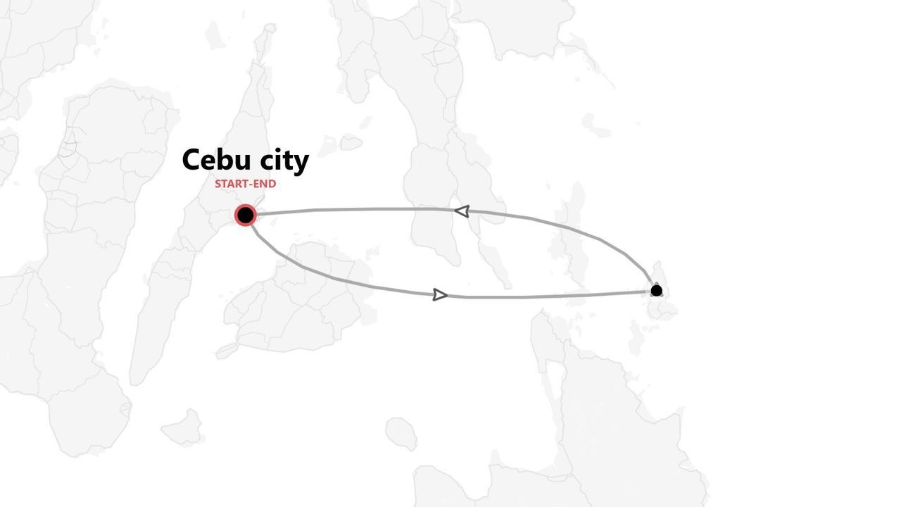 Una mappa minimalista che illustra un itinerario di viaggio con inizio e fine a Cebu.