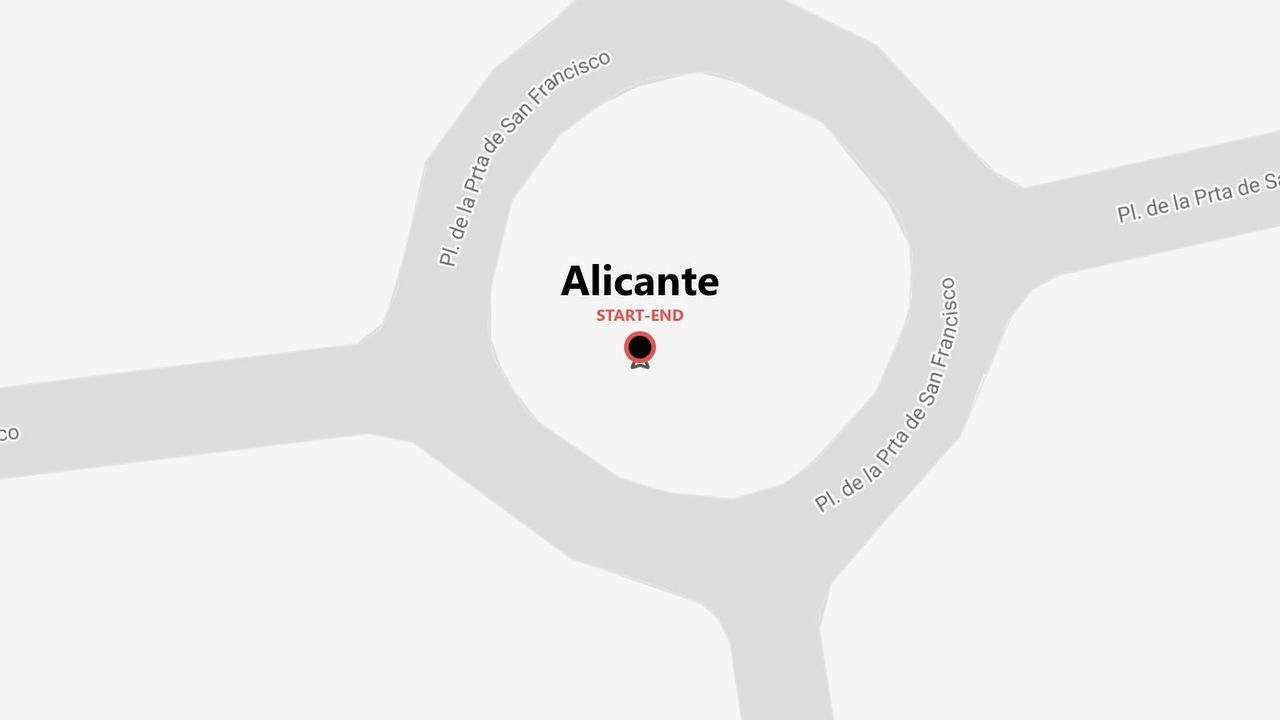 Mappa minimalista che mostra i punti di partenza e arrivo di un percorso ad Alicante, presso una rotonda in Plaza de la Puerta de San Francisco.