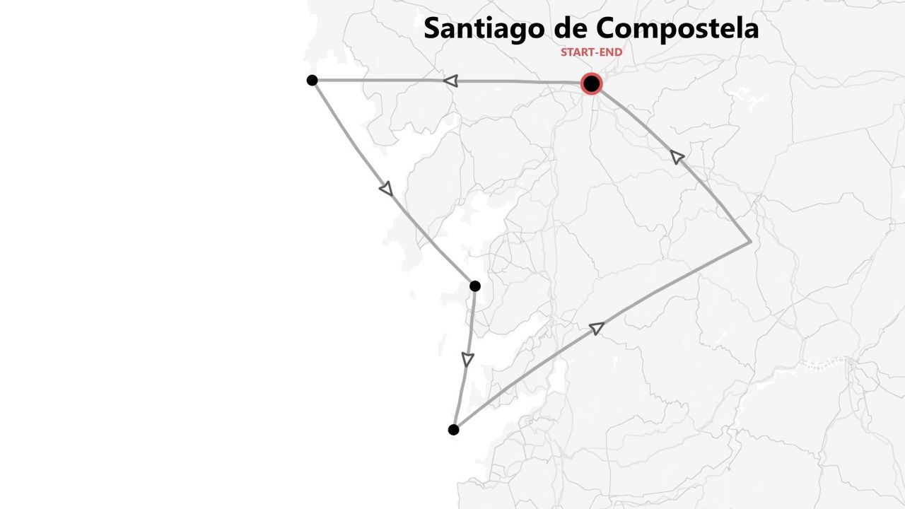 Una mappa che mostra un itinerario di viaggio circolare con diverse tappe, con partenza e arrivo a Santiago de Compostela.