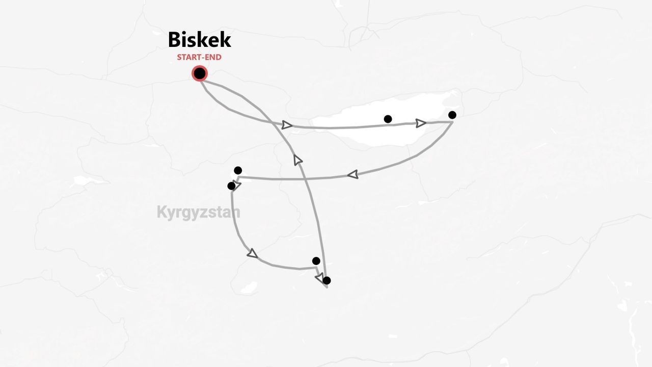 Un mapa minimalista de un itinerario de viaje en Kirguistán, con la ruta comenzando y terminando en la ciudad de Biskek.