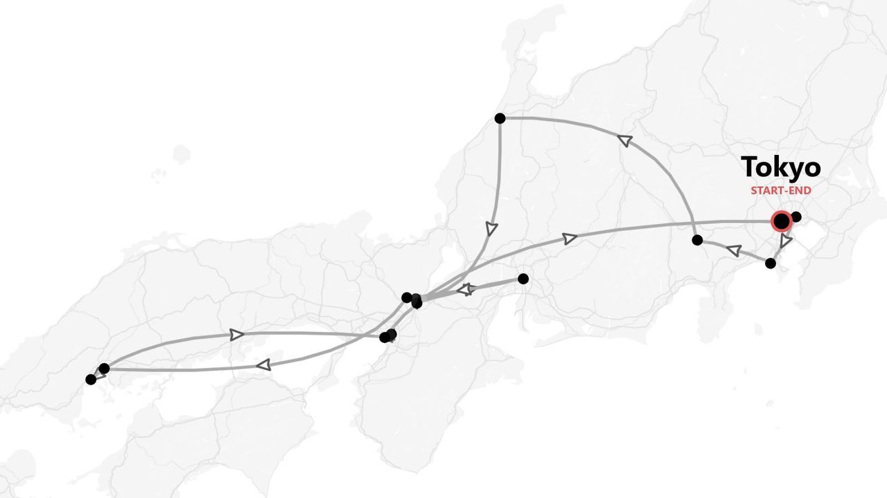 Mappa di un itinerario di viaggio in Giappone che mostra un percorso con varie tappe, con partenza e arrivo a Tokyo.