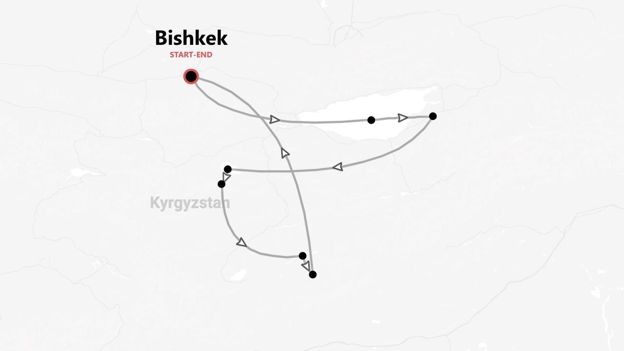Una mappa che mostra un itinerario di viaggio in Kirghizistan, con inizio e fine nella città di Bishkek.